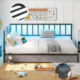 DICTAC Twin Size Corner Bed Frame with 2 Storage Drawers and Led Lights Metal Platform Bed Frame with Charging Station Modern Twin Daybed Frame for Living Room, Bedroom and Guest Room, Black&Gray DICTAC