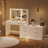 Rovaurx 65" Vanity Desk with Lighted Mirror and Lights, 8 Drawers Makeup Vanity Table with Storage Shelf, Modern Vanity with Mirror, Dressing Table for Bedroom, Adjustable Width, White RSZT109W Rovaurx