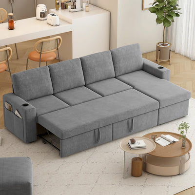 wanan 103" Sleeper Sofa, L-Shaped Sectional Sofa Bed with Storage Chaise, Reversible 2 in 1 Pull Out Couch with Cup Holders and Side Pockets for Living Room, Easy Assembly (Wool Blend, Grey)