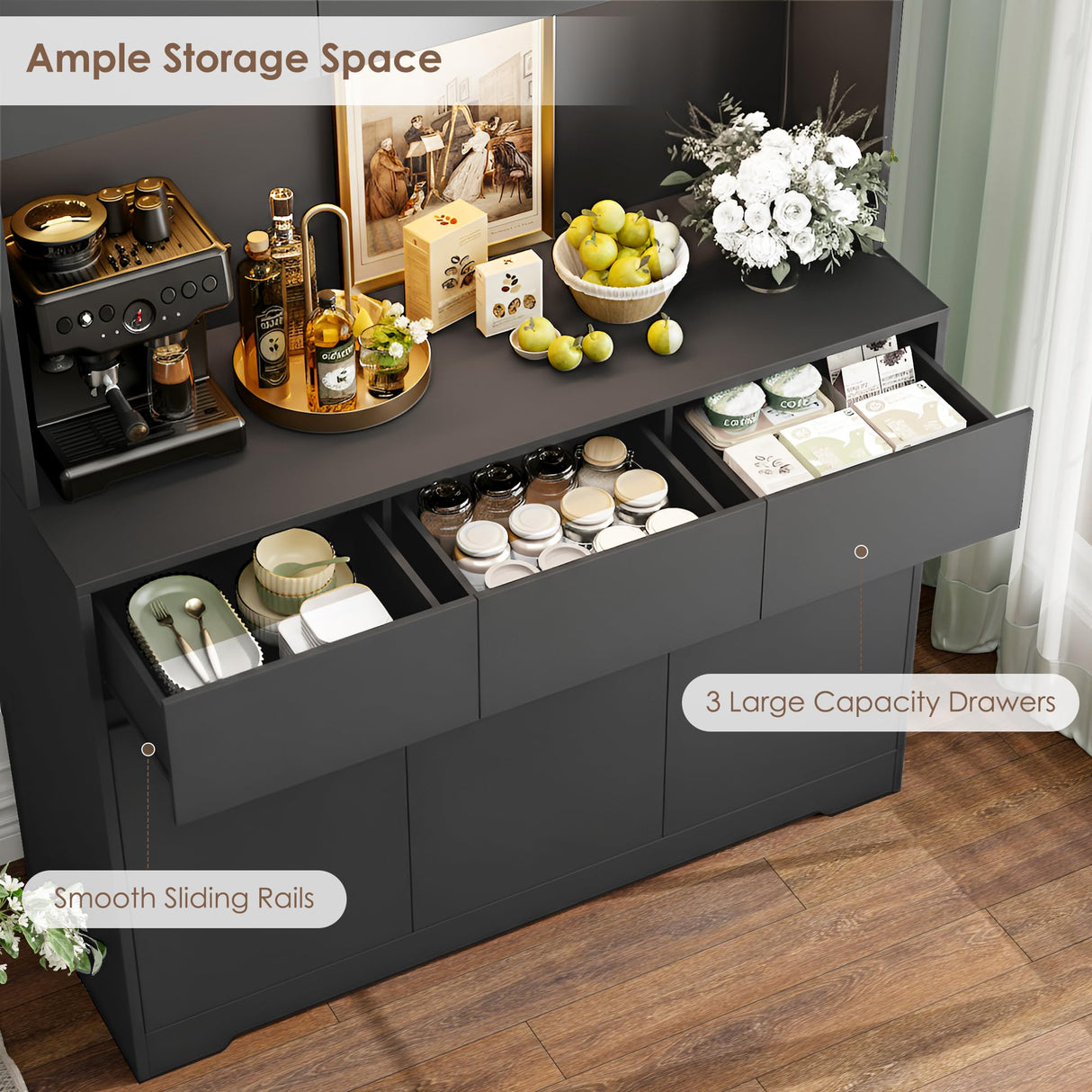 FINETONES 71" Tall Pantry Cabinet with Power Outlets and Led Lights, Large Kitchen Hutch Storage with Microwave Stand, Black Pantry Kitchen Cabinet with Cupboard FINETONES