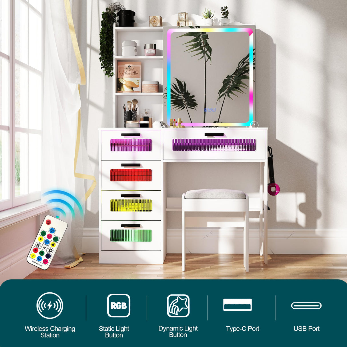 SumKea RGB LED Vanity Desk, Makeup Vanity Table with Mirror and Lights, Vanities Dressing Table with Drawers, Cushioned Stool, White SumKea