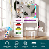 SumKea RGB LED Vanity Desk, Makeup Vanity Table with Mirror and Lights, Vanities Dressing Table with Drawers, Cushioned Stool, White SumKea