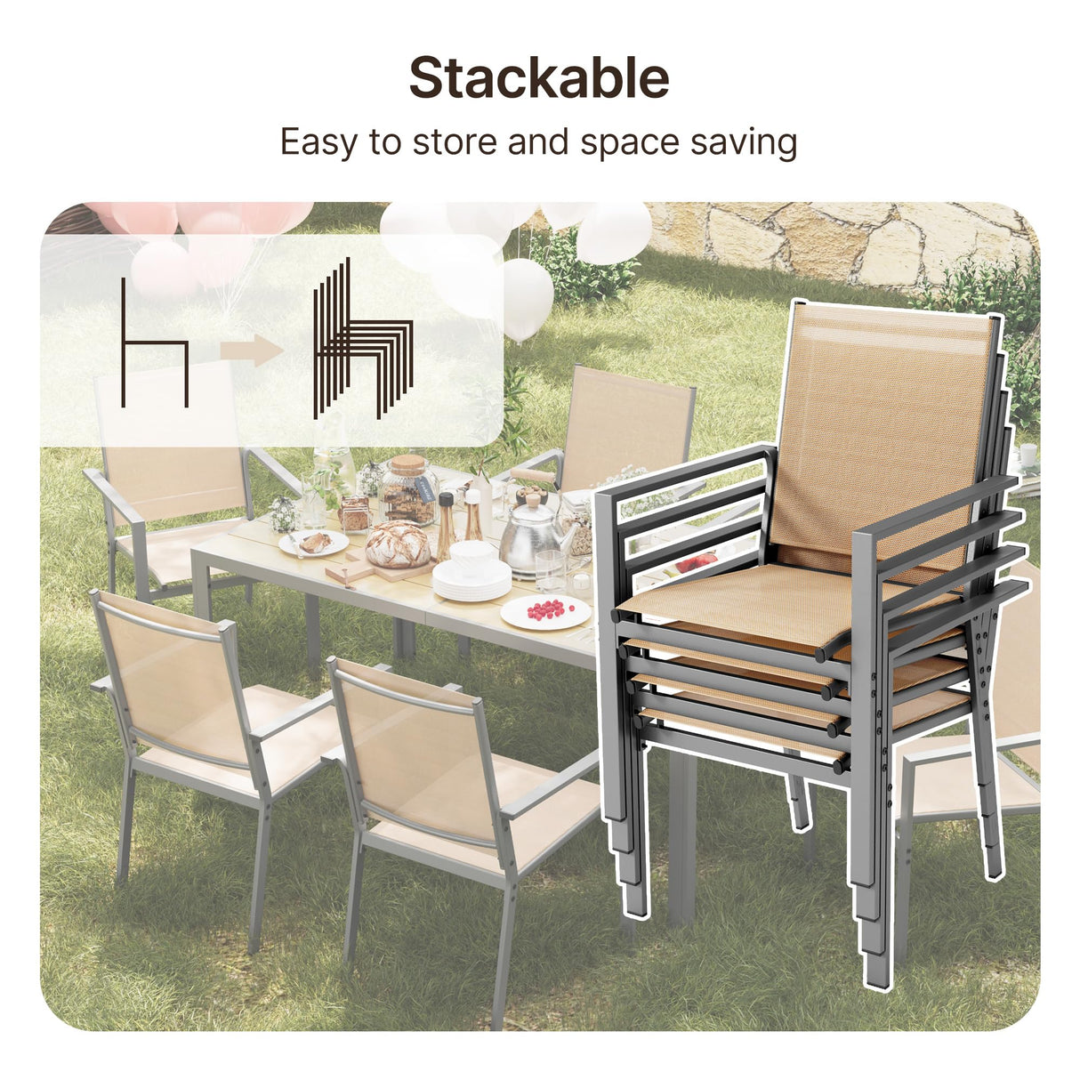 Ahomly Patio Table and Chairs Set for 6, Outdoor Dining Set Includes 59.5" Rectangle Patio Table with Side Umbrella Hole and 6 Textilene Fabric Patio Chairs for Backyard, Courtyard, Poolside, Brown Ahomly