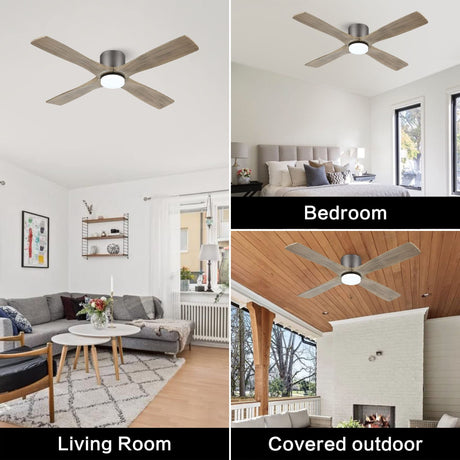 WINGBO 48 Inch Flush Mount DC Ceiling Fan with Lights and Remote, 4 Reversible Carved Wood Blades, 6-Speed Noiseless DC Motor, Hugger Ceiling Fan in Graphite Finish with Gray Blades, ETL Listed WINGBO