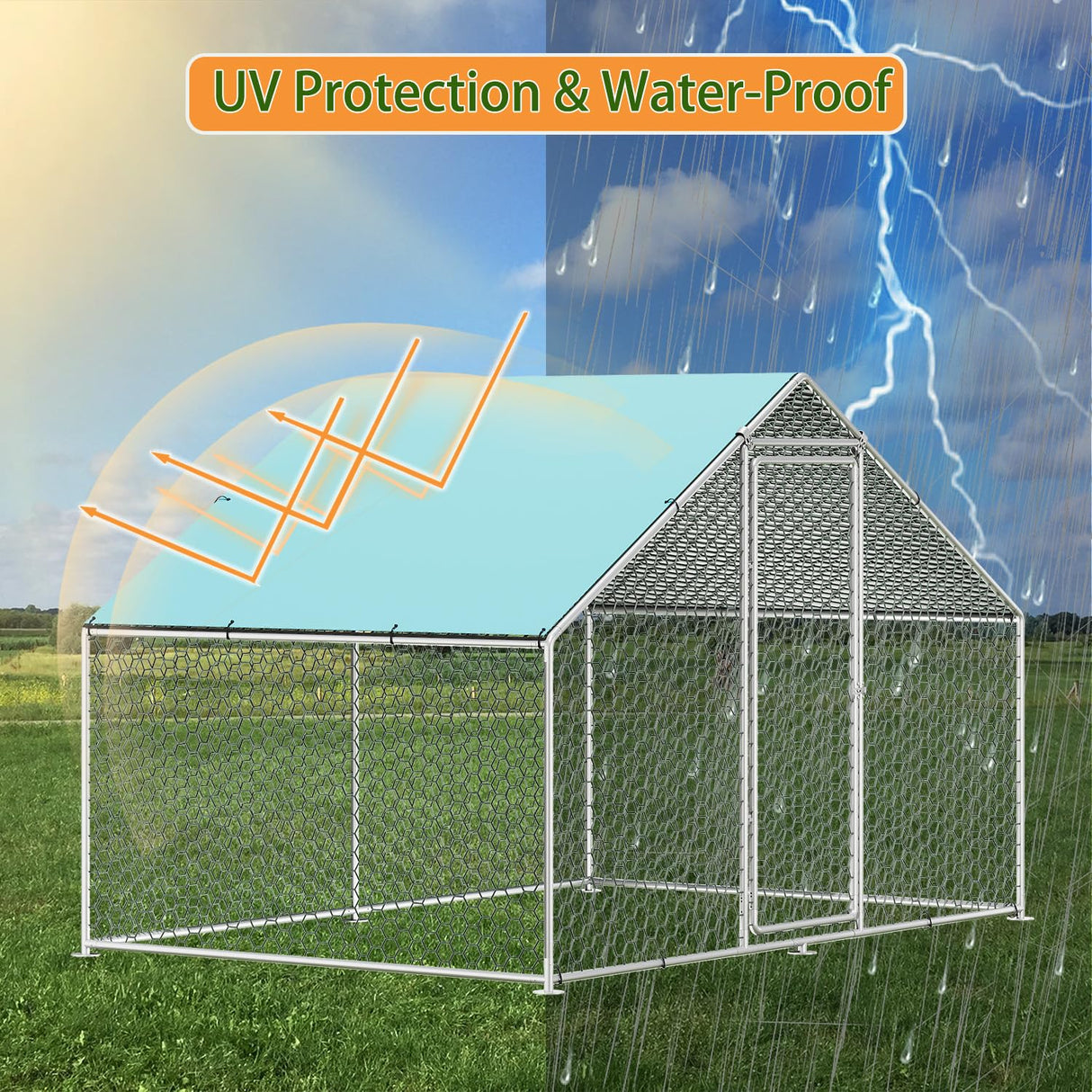 Sunny Heart Large Chicken Coop Run with Immersed Wire Mesh, Metal Chicken Coop for 6 Chickens Heavy Duty Chicken Run in for Yard with Waterproof Cover and Secure Lock(6.6'L x 9.8'W x 6.4'H) Sunny Heart