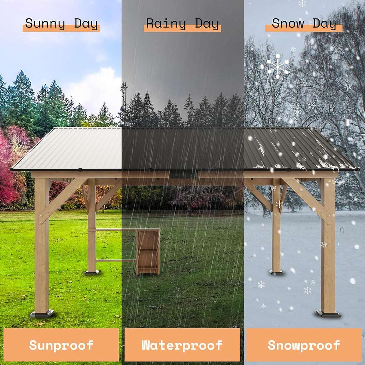 AMERLIFE 13x15 ft Spruce Wood Gazebo, Outdoor Gazebo with Bar Storage, Hardtop Wooden Paviloinwith Metal Steel Gable Roof, Patio, Garage, Black + Natural Wood AMERLIFE