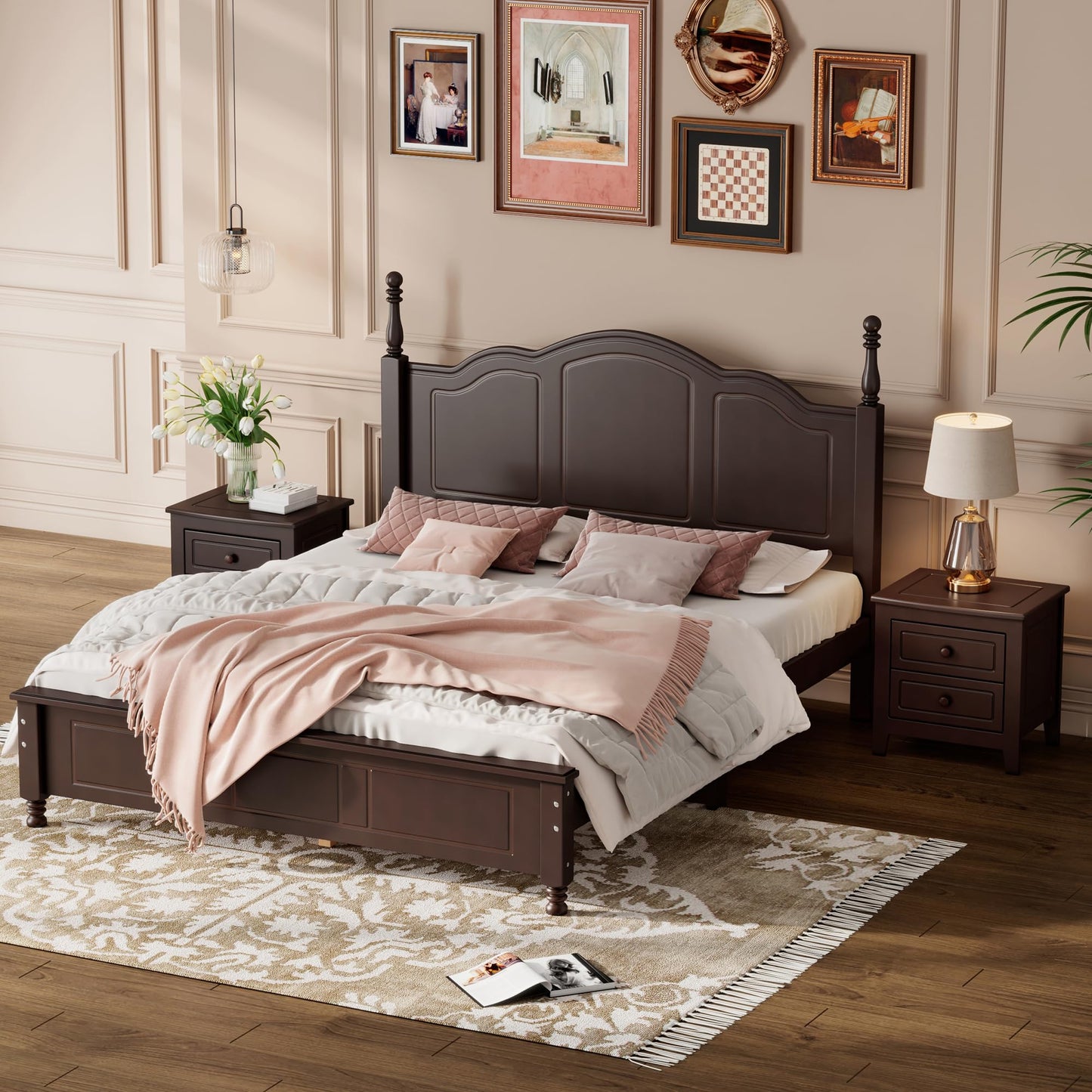 Harper & Bright Designs 3-Piece Queen Size Wood Platform Bed Set with Nightstands in Dark Walnut - WoodArtSupply