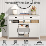 Vividwood 47.2" Modern Farmhouse Wine Bar Cabinet with Wine & Glass Rack, 2 Drawers Buffet Sideboard Storage for Kitchen, Living Room, Dining Room - Coffee & Liquor Station Cabinet (White) Vividwood