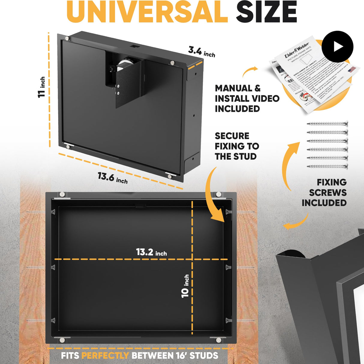 Elder Welder® Hidden Wall Safe | 100% Real, Replaceable Picture Frame Included | Robust Metal Build | Combination Lock | Fits Perfectly Between 16" | Hidden Safe | Small In Wall Safe Between Studs Elder Welder