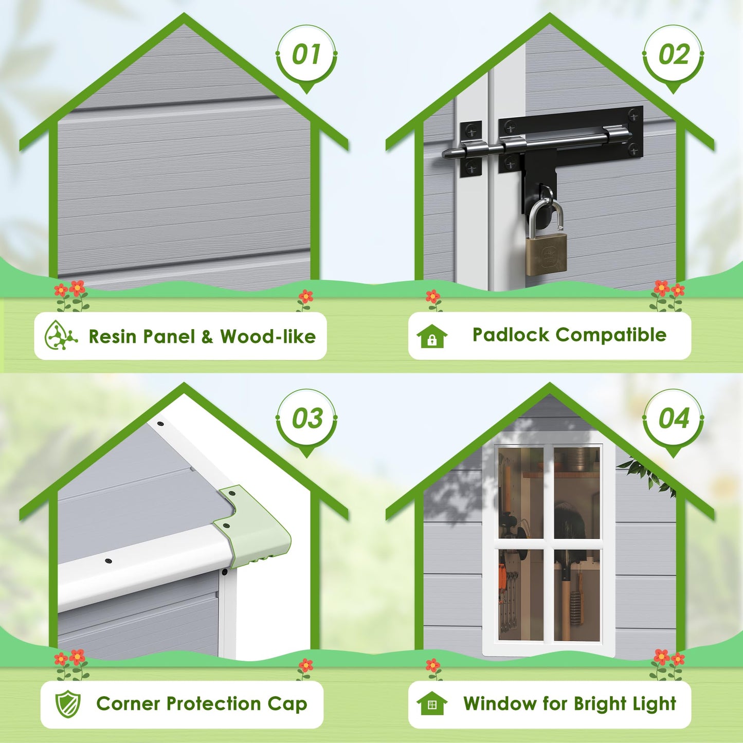 JUMMICO Outdoor Storage Shed, 5 x 4 FT Resin Shed with Floor and Lockable Door, Plastic Garden Tool Outside Sheds for Patio Backyard Lawn - WoodArtSupply