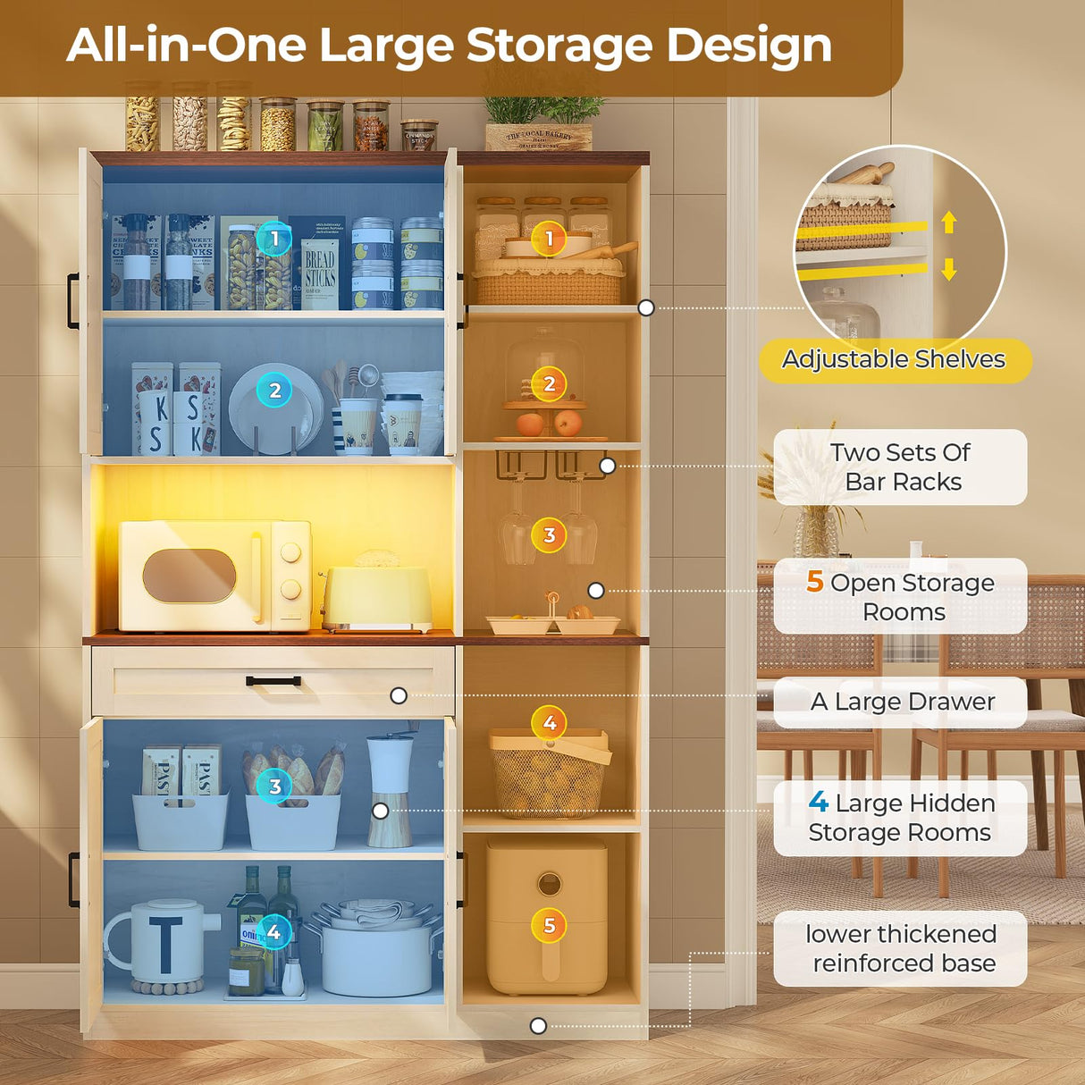 UPOSOJA Farmhouse Kitchen Pantry Storage Cabinet with Bar Cabinet Drawers & Shelves, Freestanding Hutch and Adjustable Shelves, Versatile Storage for Kitchen, Dining Room, Living Room, Off White UPOSOJA