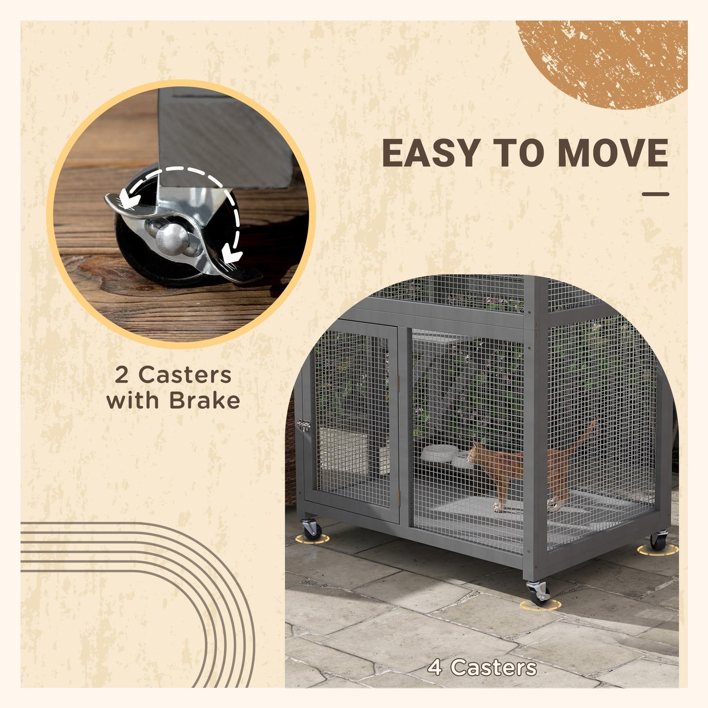 PawHut 74" Wooden Catio Outdoor Cat House Weatherproof & Wheeled, Outside Cat Enclosure with High Weight Capacity, Kitten Cage Condo, Light Gray - WoodArtSupply