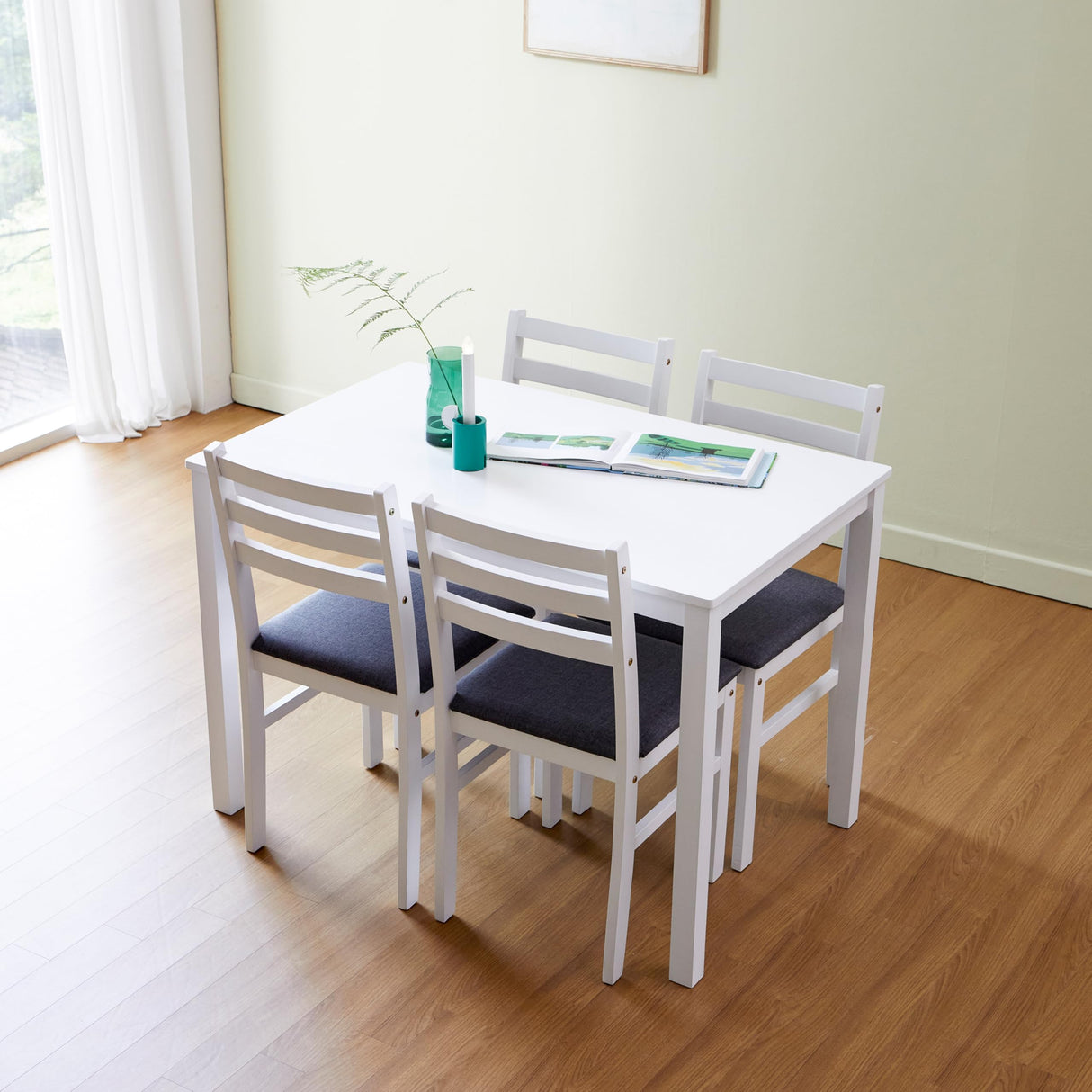 Livinia Seattle 5-Piece Wooden Dining Table Set for 4, Modern Farmhouse Kitchen Dining Room Set with Solid Wood Ladder Back Chairs for Small Space (White) Livinia