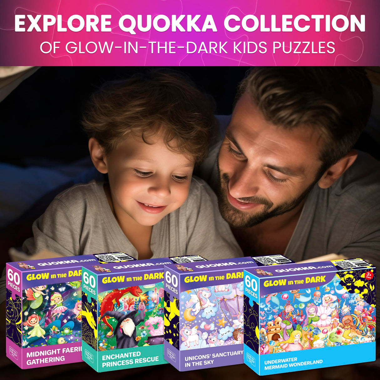 QUOKKA 4x60 Piece Puzzles for Kids Ages 4-6 – Glow-in-The-Dark Puzzles for Kids 4-8 I Unicorns, Mermaids, Fairy Tale I Fun Educational Toddler Puzzles for Boys and Girls – Educational Game Toys Gift QUOKKA