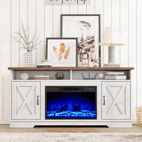 AMERLIFE 63" Farmhouse TV Stand with 26" Fireplace, for TVs up to 73", Media Entertainment Center with Adjustable Shelf & Barn Doors, Rustic TV Console Cabinet for Living Room, Rustic Oak & White AMERLIFE