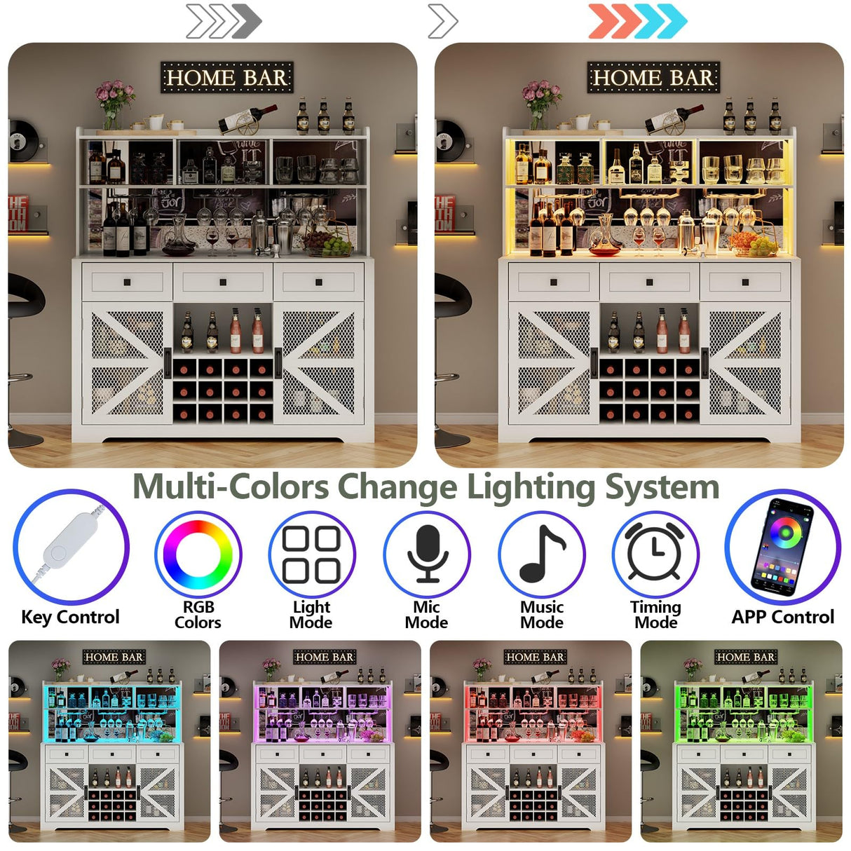 Gyfimoie Farmhouse Wine Bar Cabinet with LED Lights, Kitchen Coffee Bar Cabinet with Acrylic Mirror, Wine & Glass Rack, Storage Shelves and 3 Drawers (2-Tier Hutch) Gyfimoie