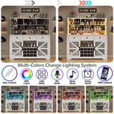 Gyfimoie Farmhouse Wine Bar Cabinet with LED Lights, Kitchen Coffee Bar Cabinet with Acrylic Mirror, Wine & Glass Rack, Storage Shelves and 3 Drawers (2-Tier Hutch) Gyfimoie