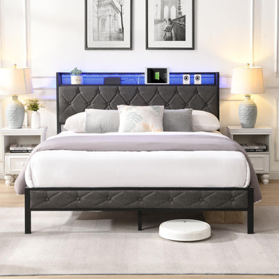 HBRR Modern Queen Size Upholstered Bed Frame with Storage Headboard, LED Lights, and Charging Station in Dark Gray