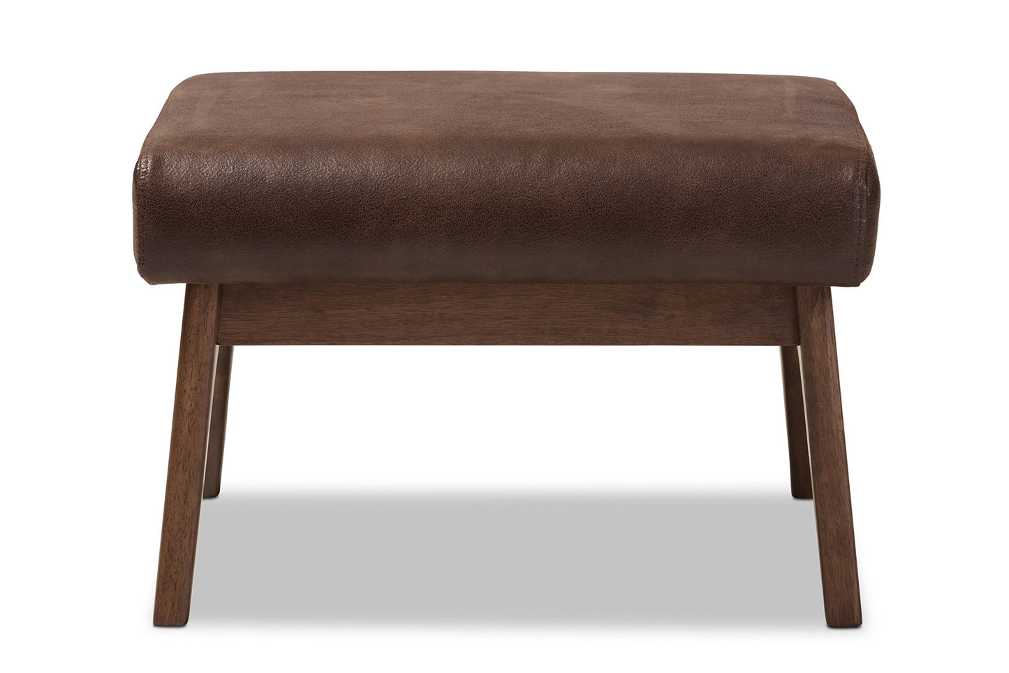 Baxton Studio Birk Mid-Century Modern Walnut Wood Dark Brown Distressed Faux Leather Ottoman