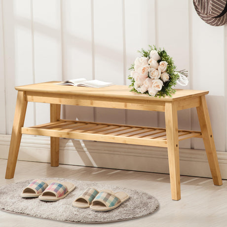 Nnewvante Bamboo Entryway Bench, 33.46" End of Bed Bench for Bedroom, 2 Tier Modern Indoor Bench for Living Room, Dining Room, Hallway, Holds up to 300lbs Nnewvante