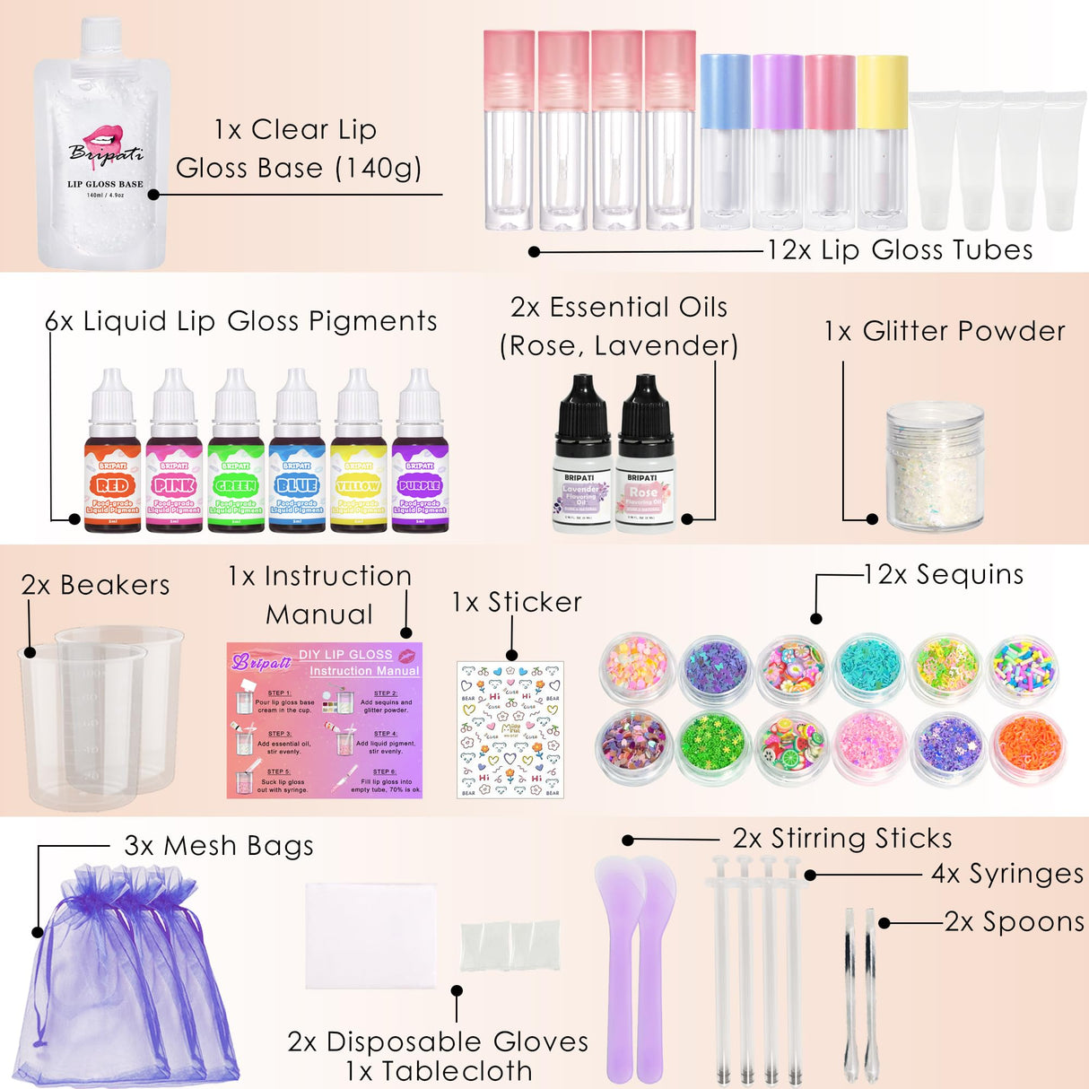 BRIPATI DIY Lip Gloss Making Kit - All-in-One to Make Your Own Lip Care Gloss Set with Clear Base, Pigments, Glitter, Tubes, Fun Creative Gift for Women Girls Makeup Lovers in Christmas Birthdays BRIPATI