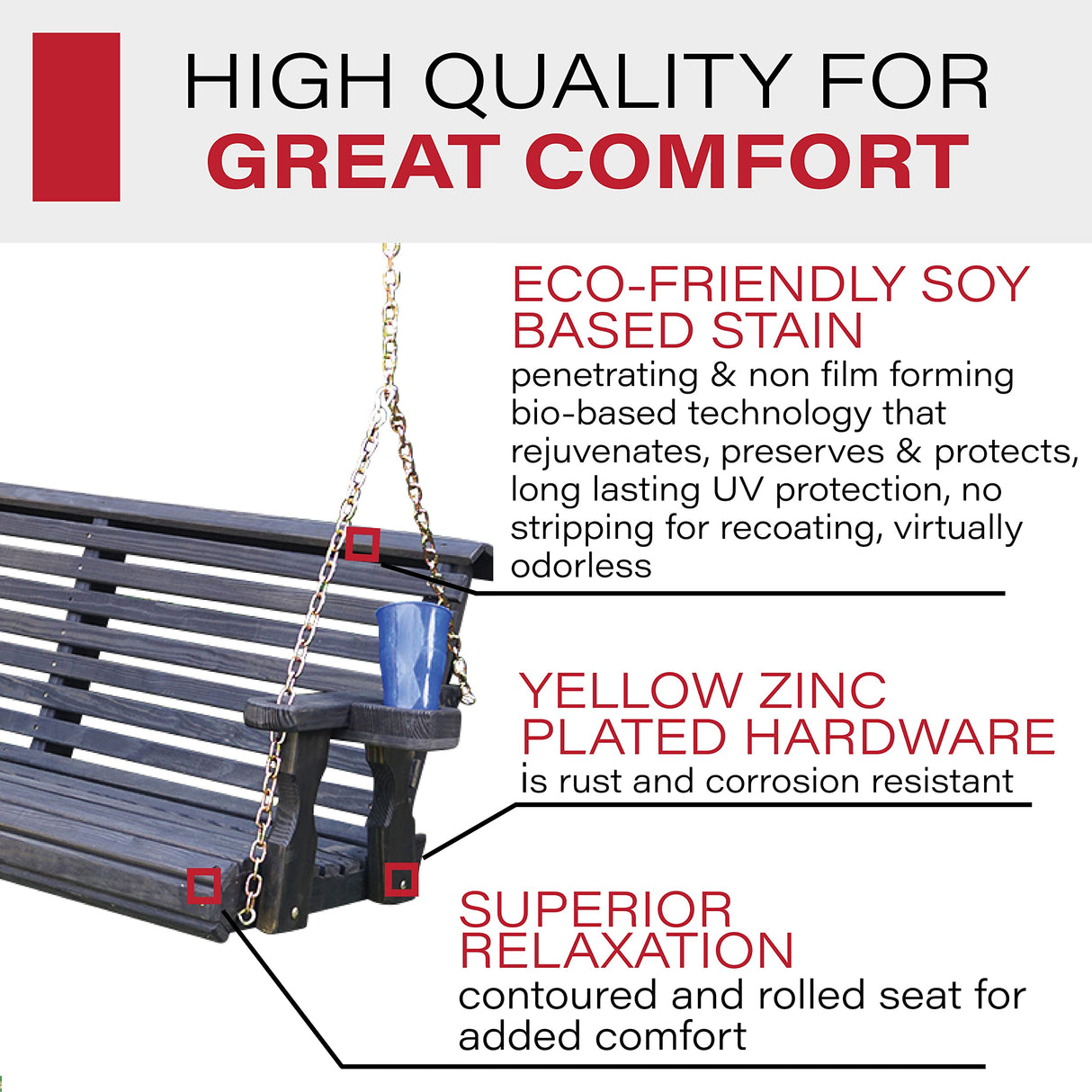 Amish Casual Heavy Duty 700 Lb Roll Back Treated Porch Swing with Hanging Chains and Cupholders (5 Foot, Semi-Solid Black Stain) Amish Casual