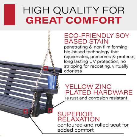 Amish Casual Heavy Duty 700 Lb Roll Back Treated Porch Swing with Hanging Chains and Cupholders (5 Foot, Semi-Solid Black Stain) Amish Casual