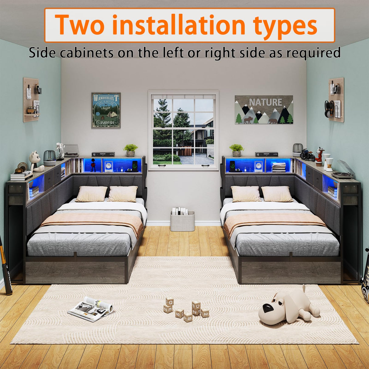 PUNICE Modern Twin XL Corner Bed Frame with Bookcase & LED Lighting - Space-Saving Kids' Platform Bed with Charging Station & 2 Underbed Storage Drawers in Gray (Gray) PUNICE