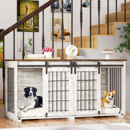 EBE Dog Crate Furniture, 63''Wooden Dog Kennel with Removable Divider and Sliding Door, Dog Crate with Double Rooms, Heavy Duty Dog Crate Table Indoor TV Stand for Small Medium Large Dogs - WoodArtSupply