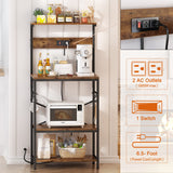 Rustic Brown SUPERJARE Kitchen Bakers Rack with Power Outlets and Hooks - 4-Tier Storage Shelf for Microwave, Coffee Bar, and More SUPERJARE