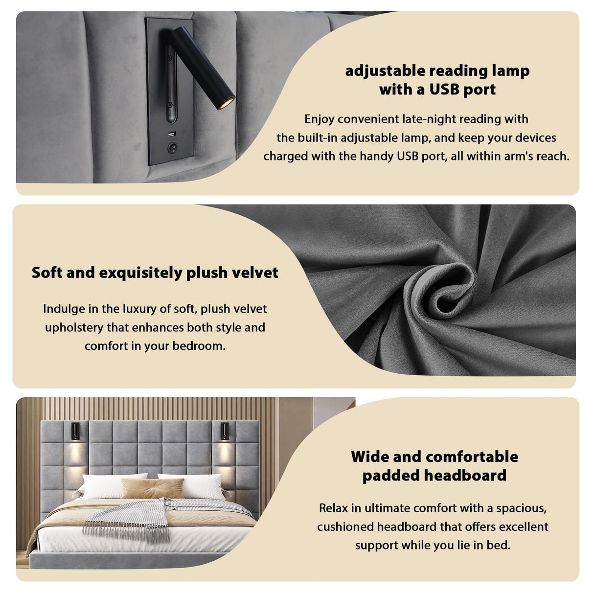 Christopher Knight Home Svens 46" High Headboard Bed, King Size Platform Bed Frame, Soft Velvet Upholstered California King Bed Frame, Square Pattern Design with Reading Lamps and USB Ports, Grey Christopher Knight Home