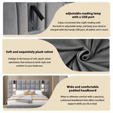 Christopher Knight Home Svens 46" High Headboard Bed, King Size Platform Bed Frame, Soft Velvet Upholstered California King Bed Frame, Square Pattern Design with Reading Lamps and USB Ports, Grey Christopher Knight Home