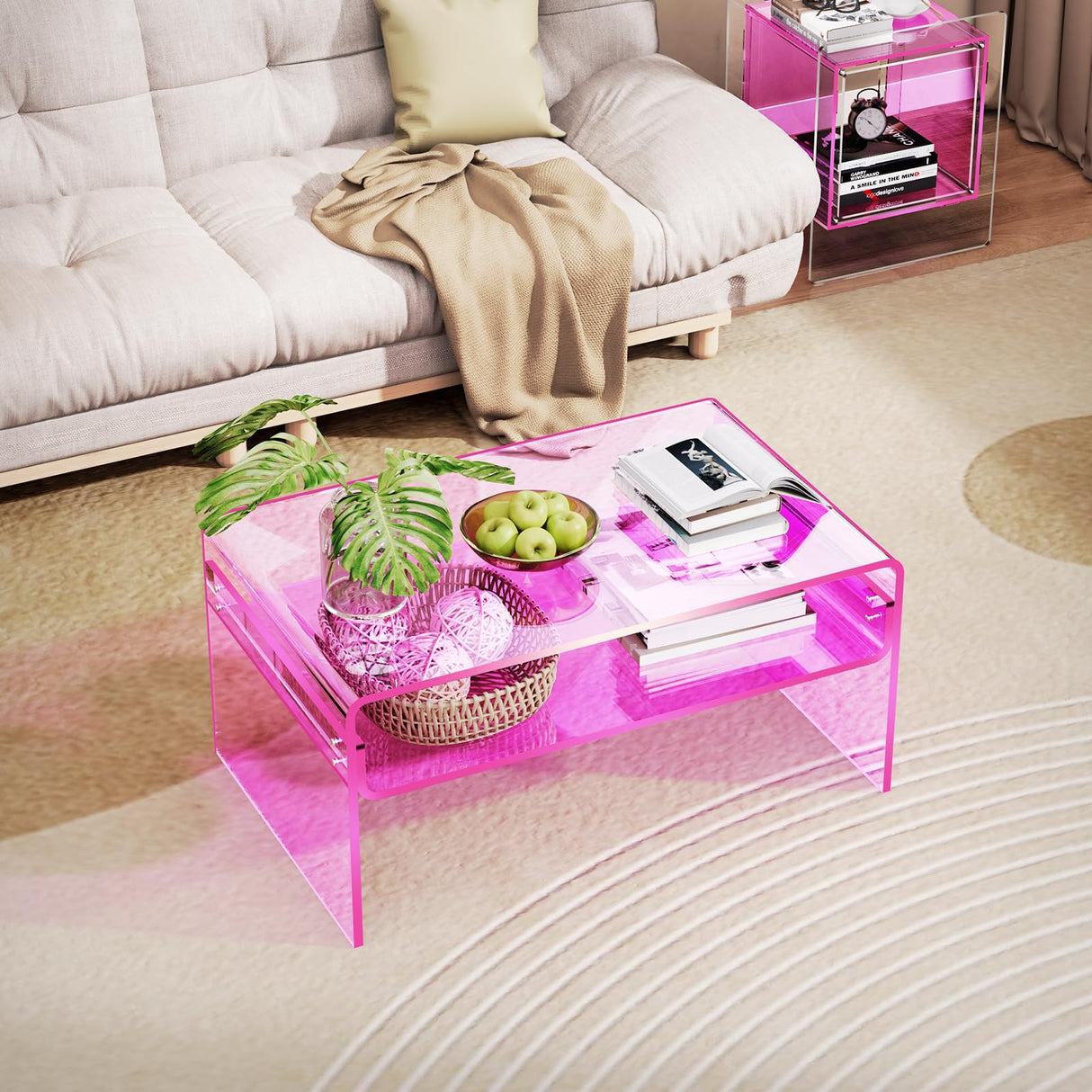 solaround Acrylic Coffee Table for Living Room Clear Rectangle Lucite Table with Open Storage Shelf (1, Pink, Large) solaround