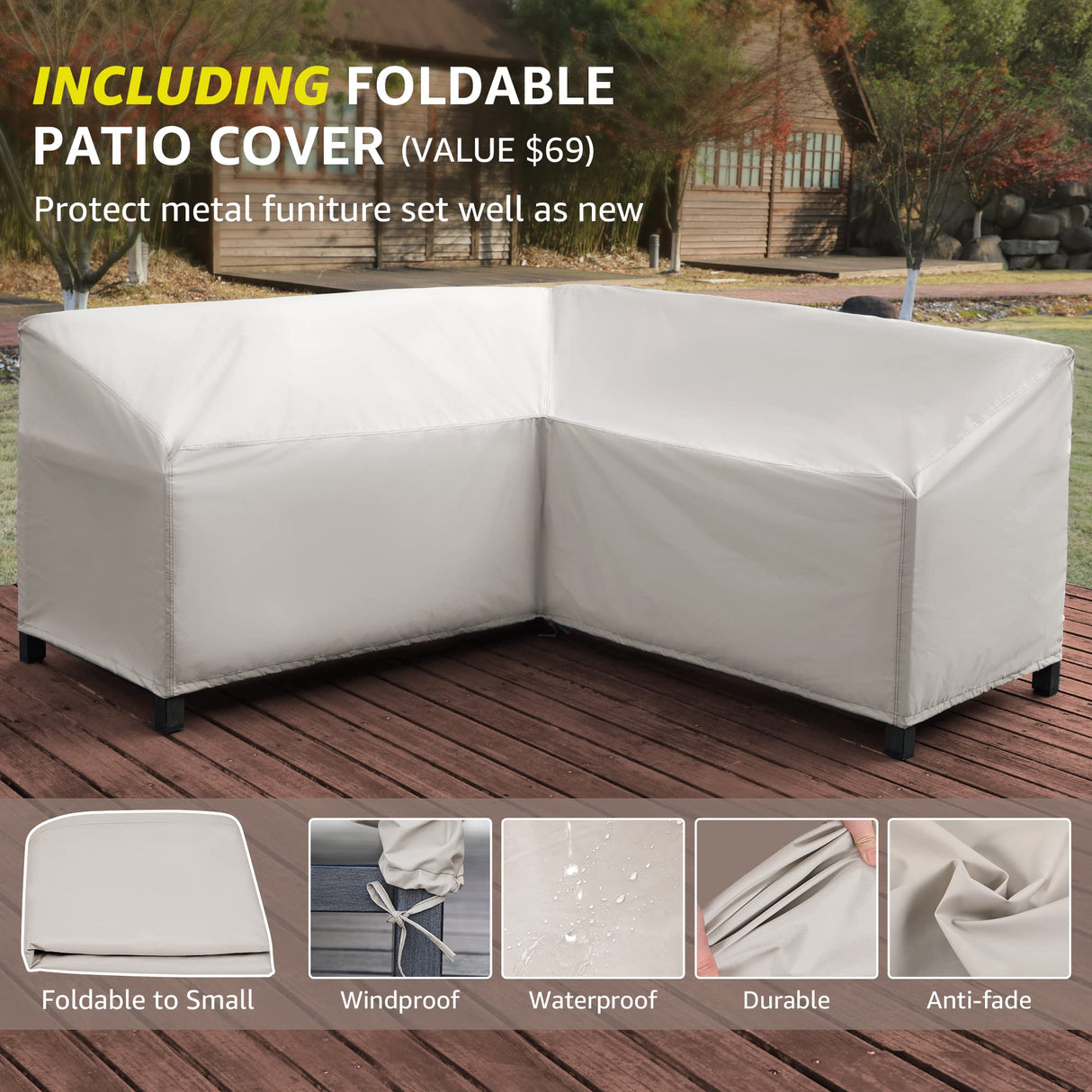NATURAL EXPRESSIONS 6 Pieces Patio Furniture Sets, Metal Outdoor Sectional Furniture L Shape Patio Conversation Sets,Highback Frame,Metal Table,Large Waterproof Cover, 6.5" Olefin Cushions NATURAL EXPRESSIONS