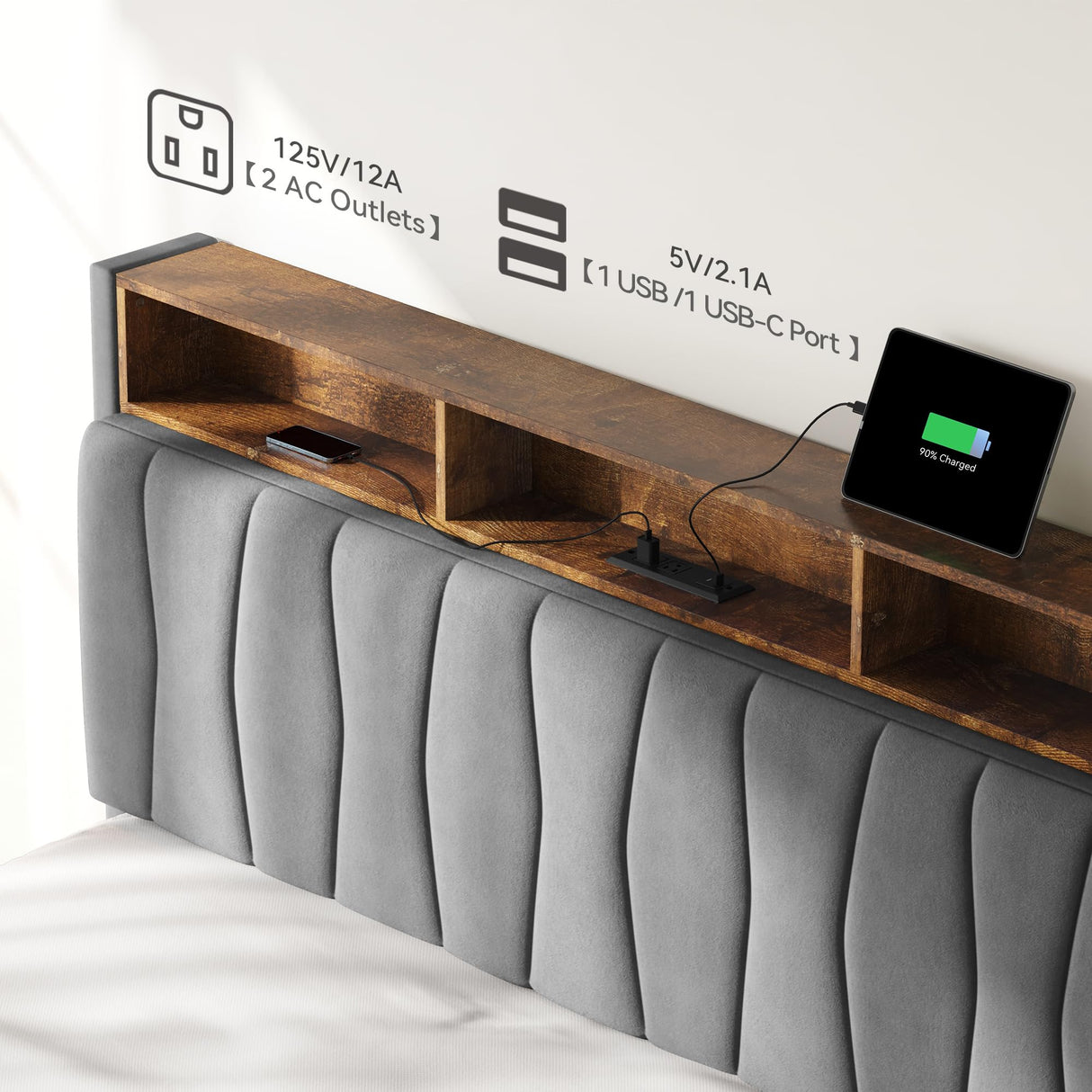 YITAHOME King Bed Frame with 3 Drawers, Upholstered Bed Frame with Storage Headboard, LED Platform Bed with Charging Station, No Box Spring Required, Simple Setup (Grey) YITAHOME