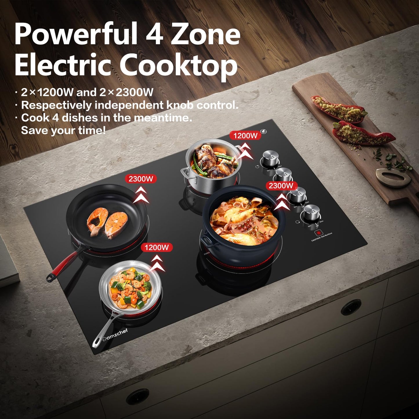 AMZCHEF 30 Inch Built-in Electric Cooktop,7000W and 4 Burners Cooktop with ETL Safety Certified,Knob Control Levels & Hot Surface Indicator