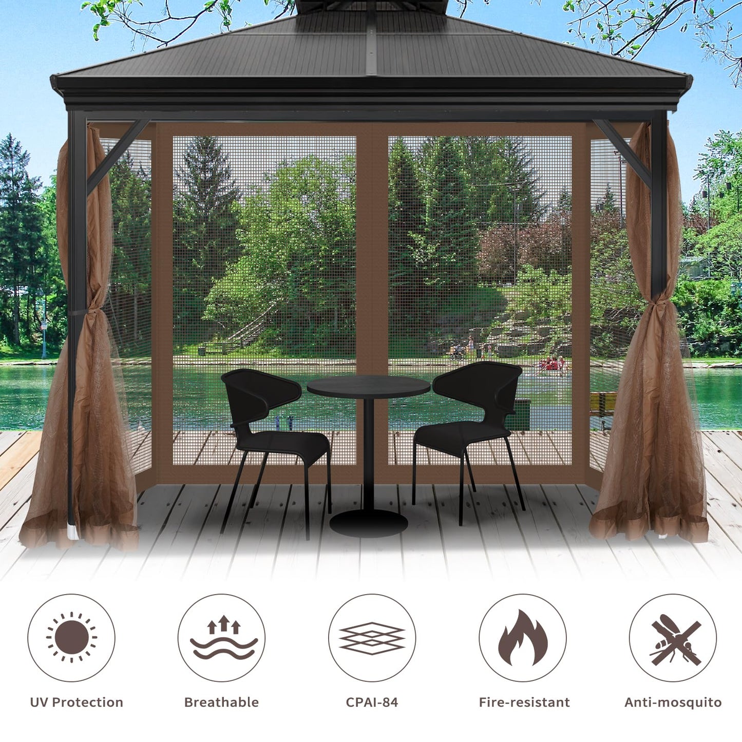 Gazebo Universal Replacement Mosquito Netting, 10' x 12' Outdoor Canopy Net Screen 4-Panel Sidewall Gazebo Curtains, with Zippers, Easy to Install, Fit for Most Gazebo 10x12 Canopy，Patio （Brown）