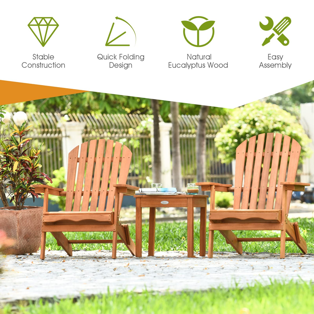 Tangkula 3 Pieces Adirondack Chair Set, Outdoor Wood Furniture Set with 2 Folding Lounge Chairs & Side Table, Widened Armrest, Slatted Design, All Weather Conversation Set for Garden Patio Backyard Tangkula