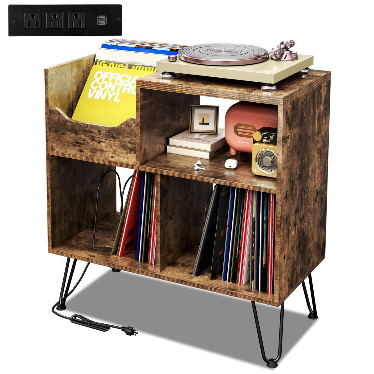 TC-HOMENY Record Player Stand with Vibration-Isolated Turntable Design, Vinyl Record Storage Table with Charging Station, Mid-Century Modern Turntable Stand TC-HOMENY