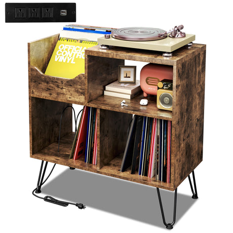 TC-HOMENY Record Player Stand with Vibration-Isolated Turntable Design, Vinyl Record Storage Table with Charging Station, Mid-Century Modern Turntable Stand TC-HOMENY