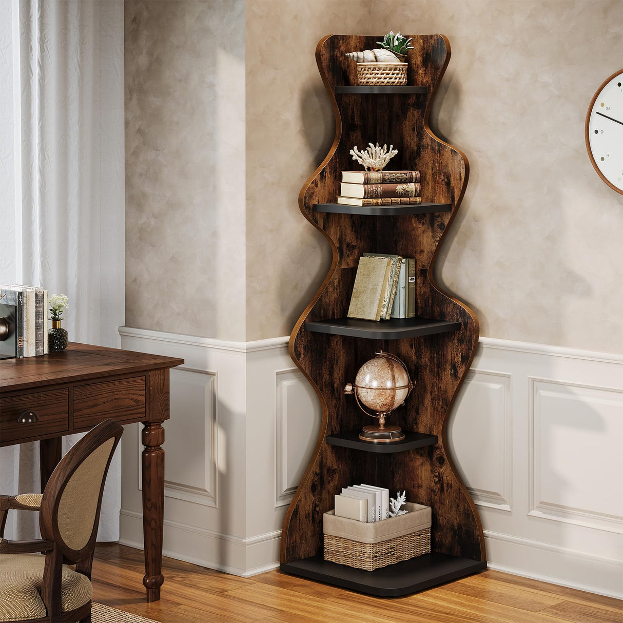Tribesigns Rustic 5-Tier Corner Shelf – 69" Tall Wood Bookshelf & Display Stand for Small Spaces Tribesigns