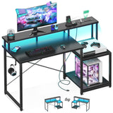 AODK Computer Desk, 48 Inch Gaming Desk with Led Lights & Power Outlet, Office Desk with Printer Storage Shelves, Reversible Desk with Monitor Shelf & Headphone Hook, Carbon Fiber Black AODK