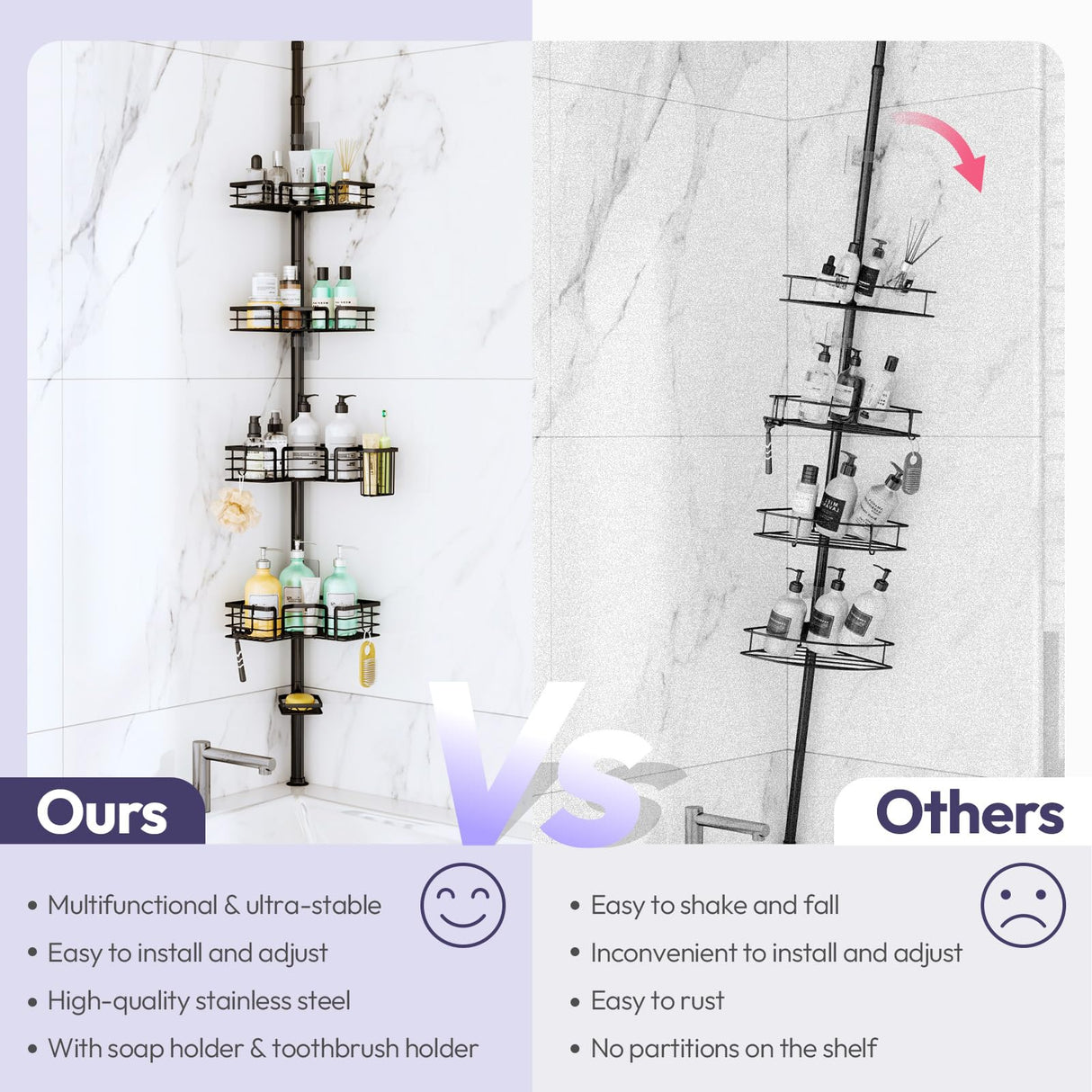 SWTYMIKI Shower Caddy Tension Pole - 4-Tier Corner Shower Organizer Tension Rod with Soap Holder, Toothbrush Holder & 4 Hooks, Adjustable Stainless Steel Bathroom Organizer 27.6 to 108.3 inch, Black SWTYMIKI