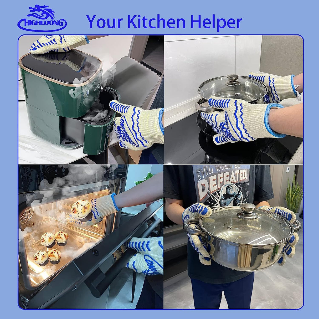 1472°F Extreme BBQ Gloves Grill Gloves Oven Safety Gloves, Cut Resistant BBQ Gloves with Non-Slip Silicone for Grilling, Frying, Baking, Fireplace, Cooking (2 pieces set) (Black Strips Long) HIGHLOONG