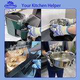 1472°F Extreme BBQ Gloves Grill Gloves Oven Safety Gloves, Cut Resistant BBQ Gloves with Non-Slip Silicone for Grilling, Frying, Baking, Fireplace, Cooking (2 pieces set) (Black Strips Long) HIGHLOONG