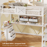 Itaar Stairway Twin Size Loft Bed with L Shaped Desk and Wardrobe, Metal Loft Bed Frame with Storage Stairs,3 Fabric Drawers, LED Lights & Charging Sation,No Noise & No Box Spring Needed, White Itaar