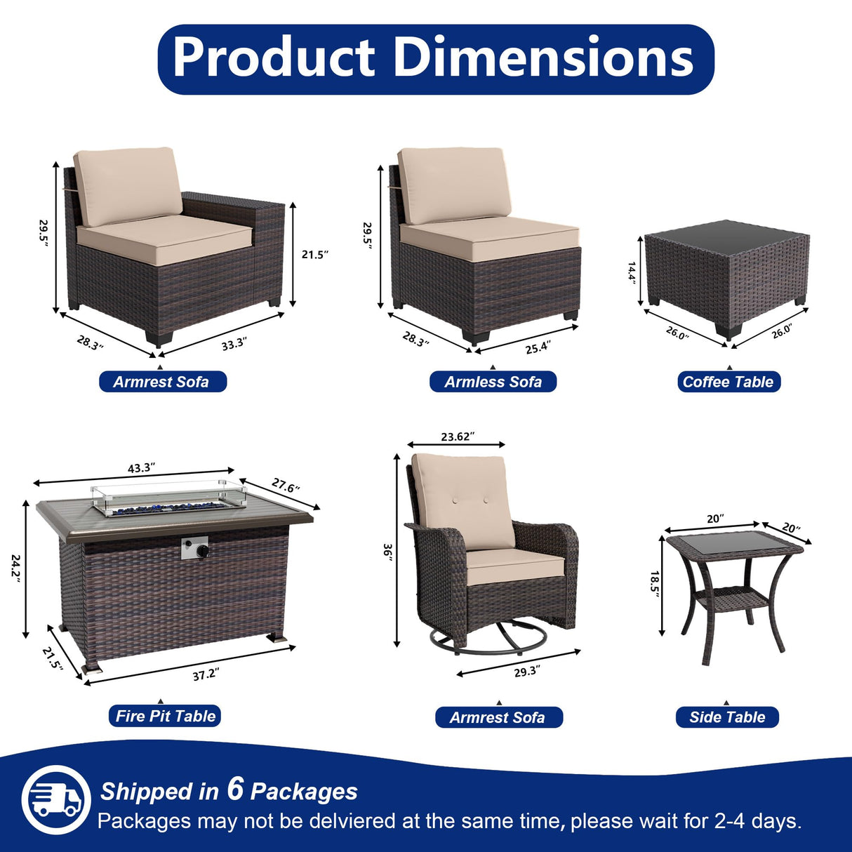 ASJMR 10 Pieces Patio Furniture Set with 2 Swivel Chairs Patio Furniture Outdoor Sectional Sofas with 55000 Gas Fire Pit Patio Conversation Set w/7 Cushions-Brown ASJMR