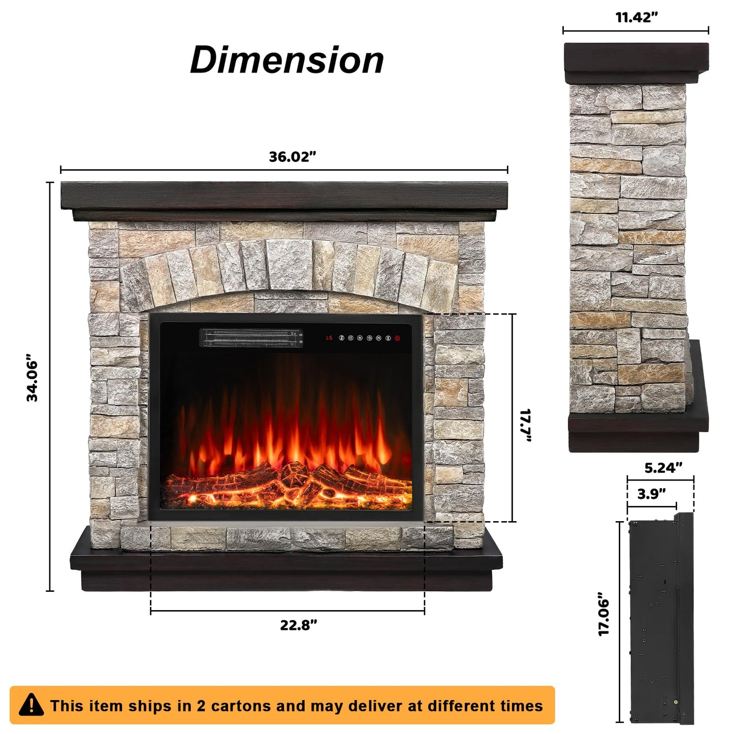 BOSSIN 36" Electric Fireplace with Mantel, 23 inch Electric Fireplace Insert, TV Stand Freestanding Heater with Remote Control Timer LED Flame for Living Room Bedroom,Faux Stone Gray