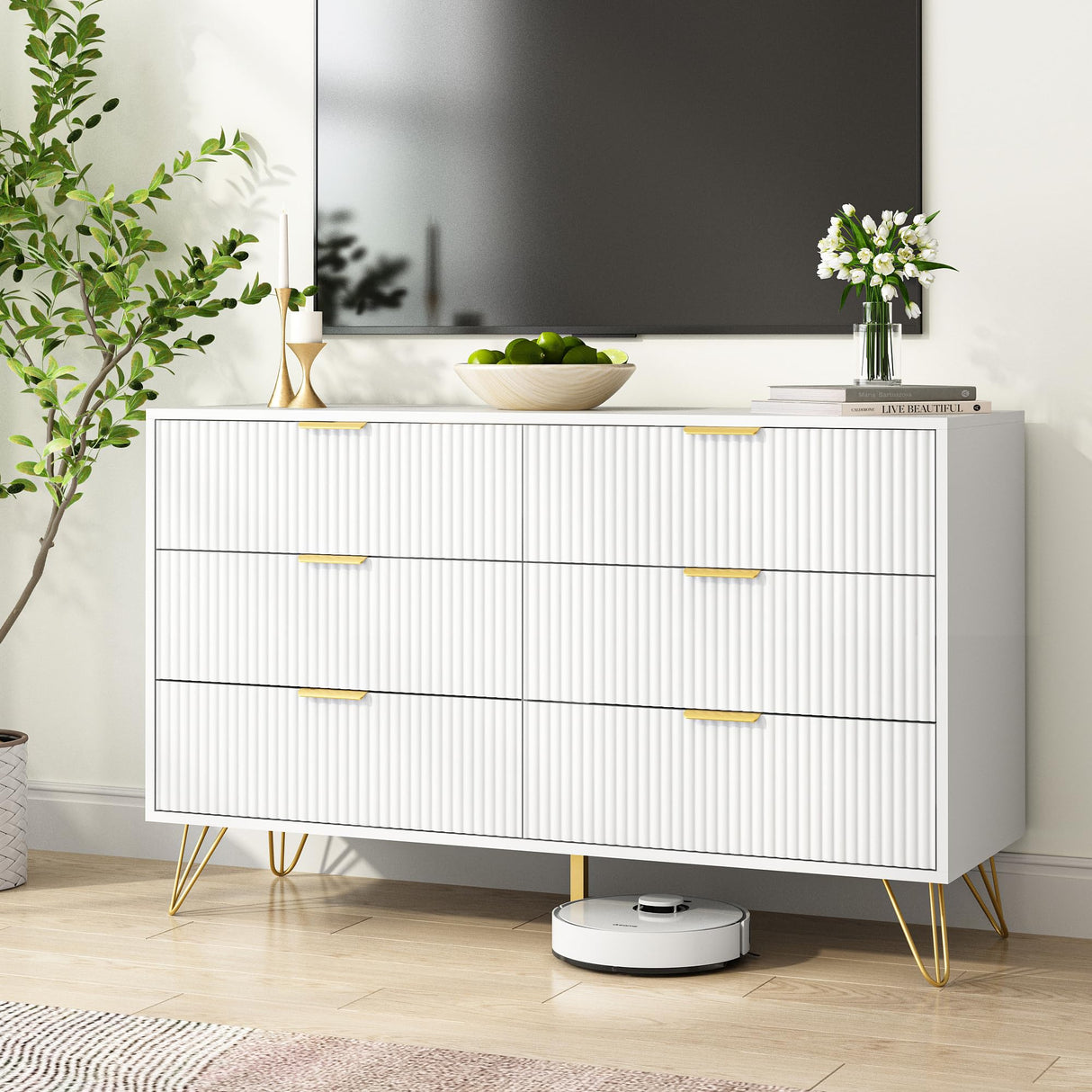BAZELOR White 6 Drawer Dresser with Golden Handle, Fluted Wood Dressers, Modern Chest for Bedroom, Living Room, Hallway, Entryway BAZELOR