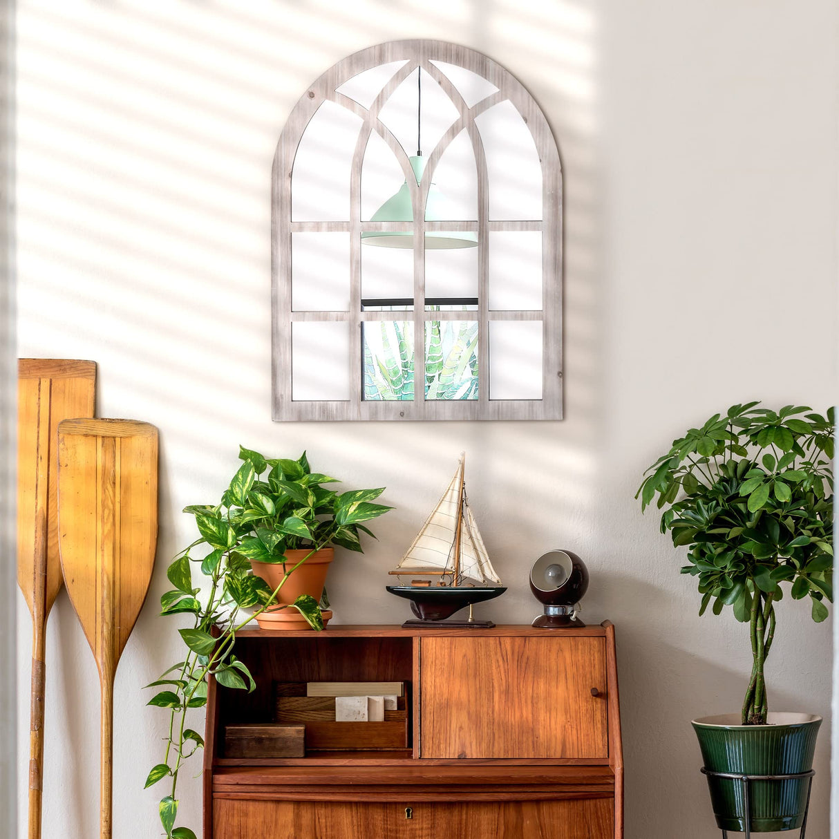 HOMCOM 41" x 31.5" Large Rustic Wall Mirror, Arch Window Mirror for Wall Decor in Living Room, Bedroom, Entryway, Natural HOMCOM